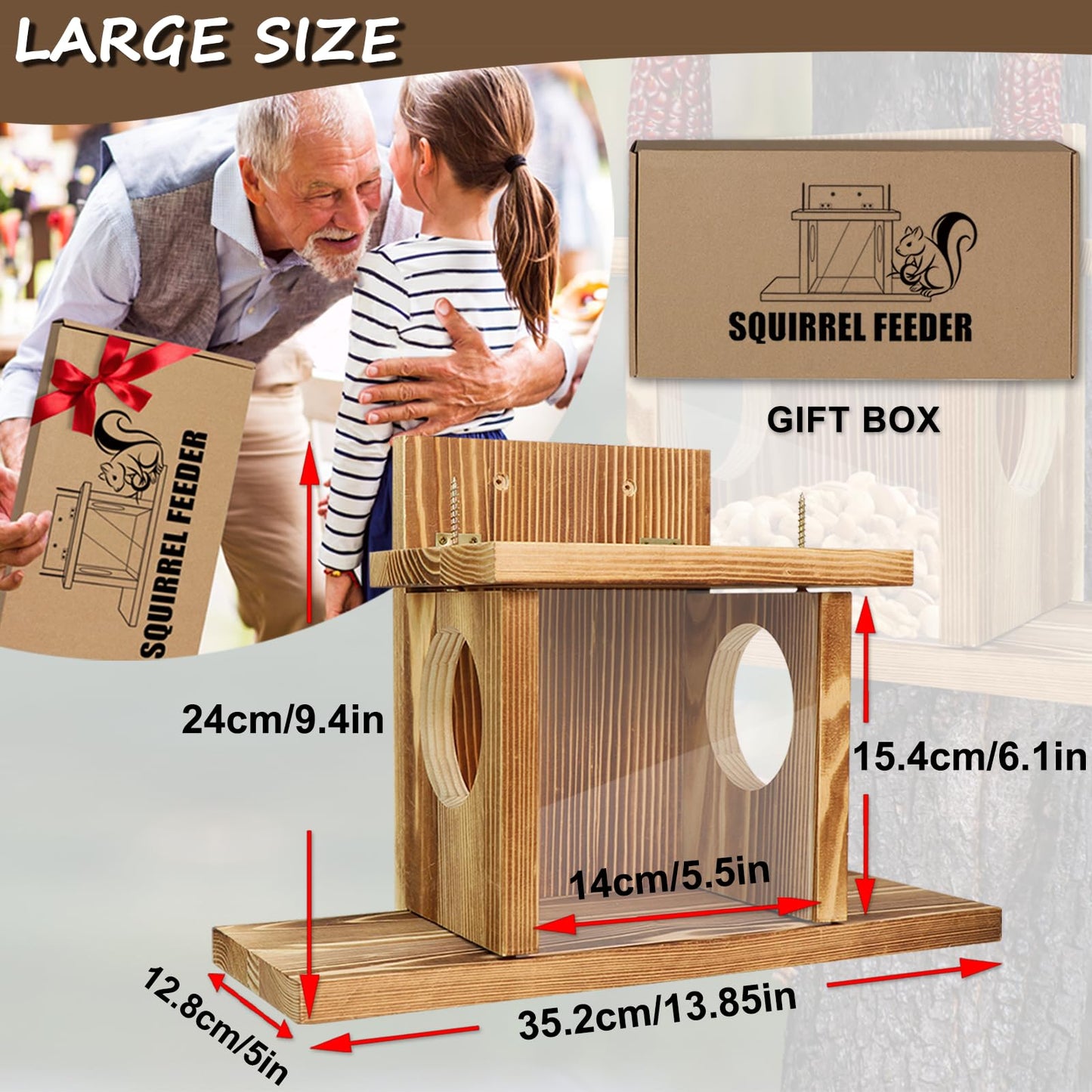 Carbonized Wood Squirrel Feeder, Squirrel Feeders for Outside Winter, Durable Squrrill House Box Easy to Fill with Removable Front Panel, Wooden Chipmunk Feeder for Corn, Peanuts