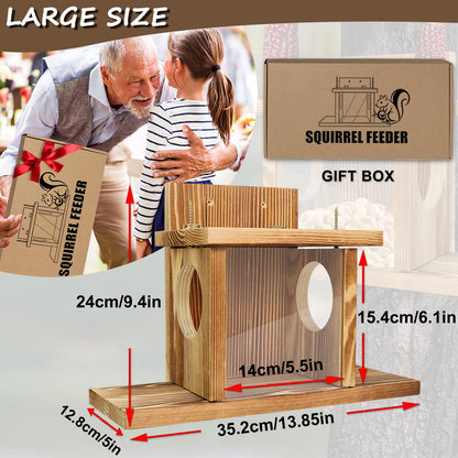 Carbonized Wood Squirrel Feeder, Squirrel Feeders for Outside Winter, Durable Squrrill House Box Easy to Fill with Removable Front Panel, Wooden Chipmunk Feeder for Corn, Peanuts