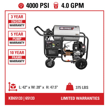 Simpson Cleaning 4000 PSI Gas Pressure Washer, 4.0 GPM Power Washer for Hot Water Use, Honda GX390 Engine, 50-Foot Steel-Braided Insulated Hose, King Brute, 49-State (KB65133)