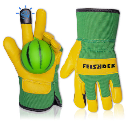 FEISHDEK Kids Genuine Leather Work Gloves for Age 2-5, Kids Gardening Work Gloves, Touch Screen, Perfect for Gardening