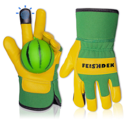 FEISHDEK Kids Genuine Leather Work Gloves for Age 2-5, Kids Gardening Work Gloves, Touch Screen, Perfect for Gardening