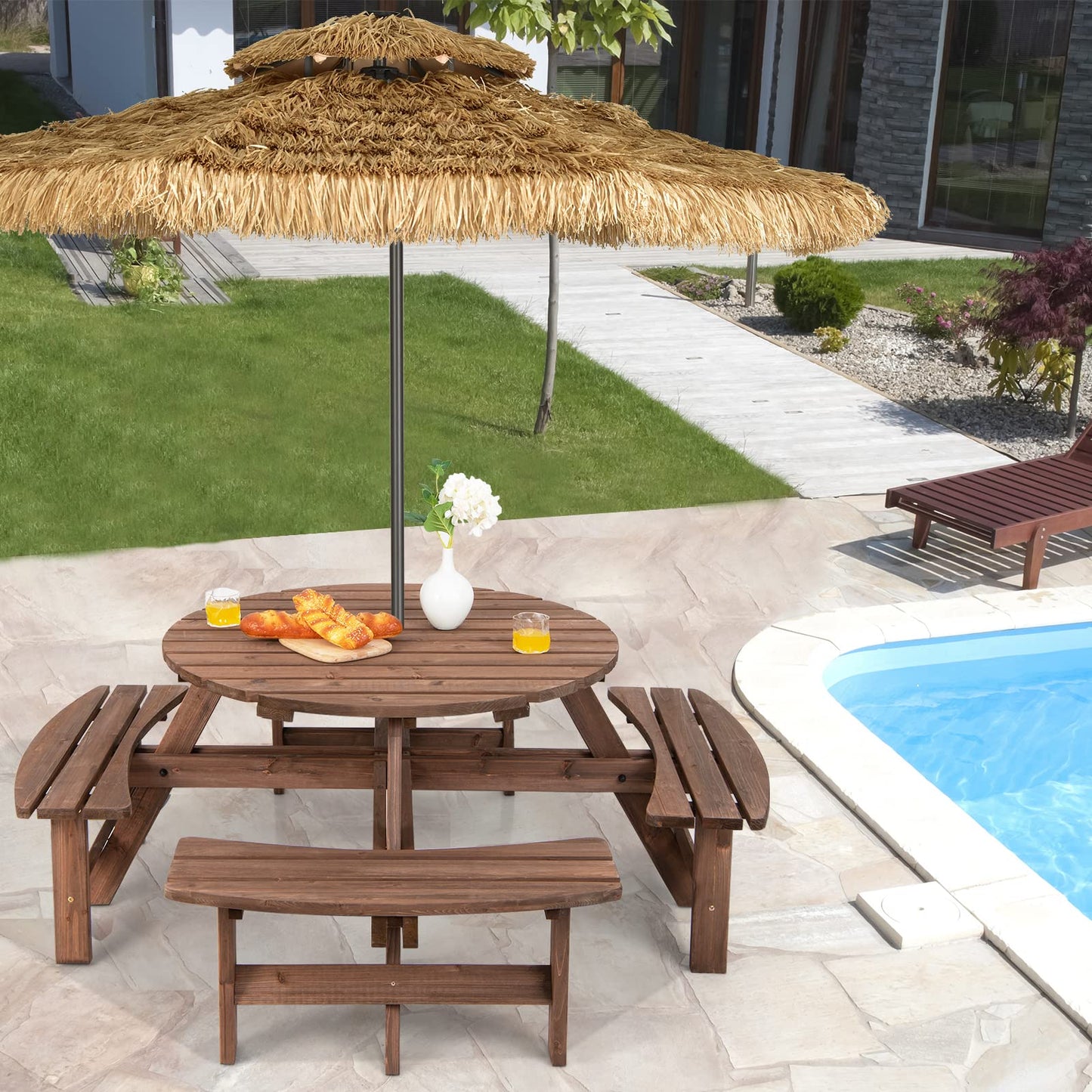 Tangkula 8 Person Wood Picnic Table, Outdoor Round Picnic Table with 4 Built-in Benches, Umbrella Hole, Outside Table and Bench Set for Garden, Backyard, Porch, Patio, 500lbs Capacity Per Bench