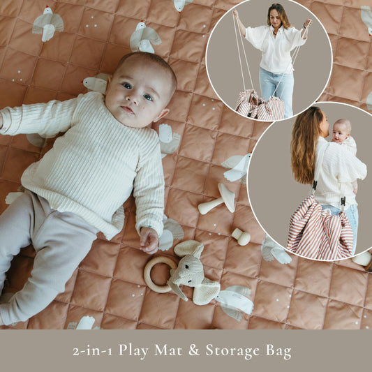 Blooom 2-in-1 Quilted Baby Play Mat & Storage Bag | Portable, Soft, and Convenient | Perfect for Travel & On-The-Go | Portable Play Mat for Baby & Toddler | Oekotex Cotton (Birds, 47 Inches)