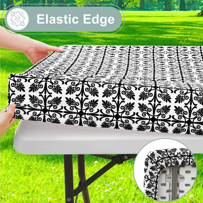 misaya 2 Pack 6 Foot Rectangle Picnic Tablecloth, Elastic Fitted Waterproof Table Cover, Windproof Washable Polyester Table Cloth for Camping, Indoor and Outdoor (Black, 30" x 72")