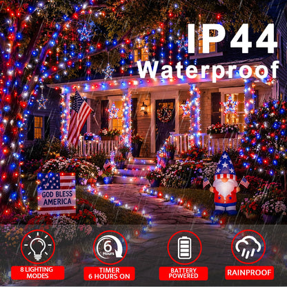 Couah 2 Pack 100 LED 38.4FT Red White and Blue Lights Battery Operated, Patriotic 4th of July Lights 8 Modes-Timer Indoor Outdoor Party Patriotic Memorial Day Independence 4th of July Decorations
