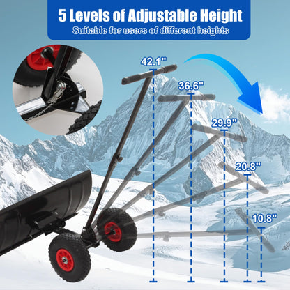 Snow Shovel with Wheels,29" Wide Metal Snow Pusher Shovel with 15" Height &10" Wheels,Adjustable Angle&Height Handle,Effortless Snow Removal,Ergonomic Design for Driveway&Sidewalk (Black Single Rod)