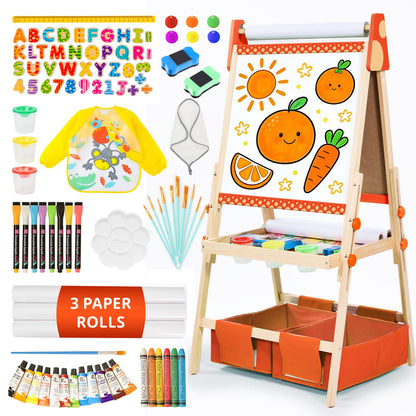 Art Easel for Kids, Kids Art Easel with 3 Paper Roll,Adjustable Standing Wooden Toddler Easel for Painting Double Sided, Magnetic Whiteboard and Chalkboard,3in1 Painting Easel for 2-4 4-8 Orange