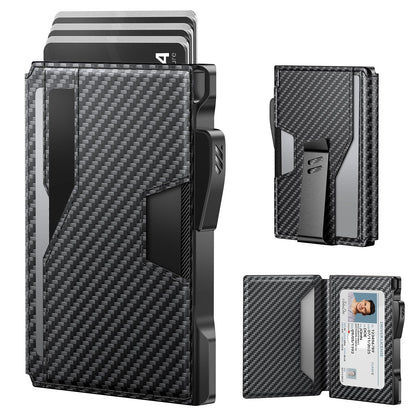 typecase Wallet for Men: Rfid-blocking with Money Clip Slim Leather Bifold ID Window Smart Pop Up Card Case Front Pocket Wallet with Gift Box (Carbon Fiber Black)