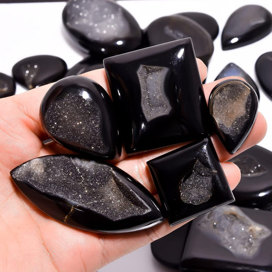 Natural Black Onyx Druzy Gemstone- Healing Crystals for DIY Jewelry Making -Loose Natural Cabochon -Perfect for Crafting Unique Jewelry Designs Gift for Her, Mother and Wife (5 pcs, 25-35 mm)