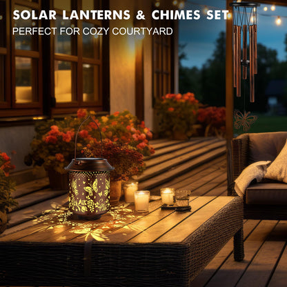 GLDFI Solar Lanterns with Wind Chimes - Garden Decor Set Includes Greeting Card & Gift Wrap Paper, Patio Yard Birthday Gifts for Women, Solar Lanterns Outdoor Waterproof (Butterfly)