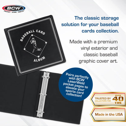 BCW Supplies 3" Baseball Album - Black | Premium Durable Binder for 90 Baseball Cards Heavy-Duty D-Ring, Lasting Durability, and Classic Display | Ideal for Collectors, Storage, and Card Protection
