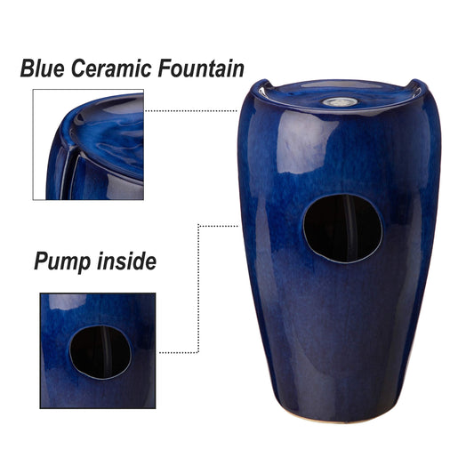 Glitzhome Ceramic Vase Outdoor Water Fountain Tall Patio Garden Water Fountain with LED Light and Submersible Pump Yard Art Decor, 20.5”H, Blue