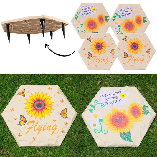 MARCHROSE 4Pcs Round Sunflower Stepping Stone Outdoor Garden Walkway, Durable Plastic Pavers for Patio, Pathway, and Landscaping, Weatherproof Stepping Stones with Ground Stakes (Hexagon Sunflower)