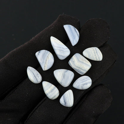 CRYSTALIS Wholesale 10pcs, 8-12mm Natural Blue Lace Agate Loose Gemstone Bulk Cabochons Jewelry Making Supply, Chakra Healing Polished Stones, Wire Wrapping, DIY, Gem Collection