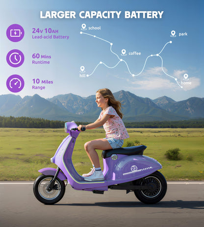 Kids Motorcycle, 2 Wheel Electric Motorcycle for Girls Ages 8-12, 24V Ride on Toys with Music, Story, Headlight, 3 Speed Options, Up to 60min Ride Time, for Riders up to 143 lbs, Easy Assemble, Purple