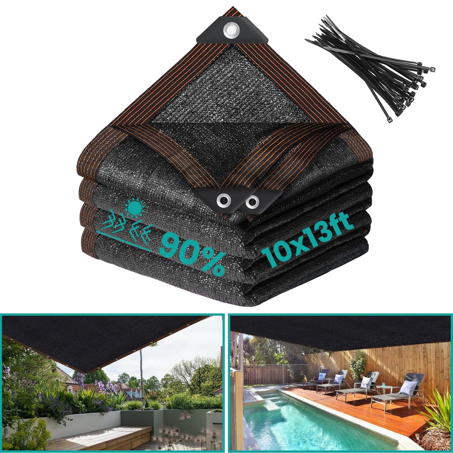 Riare 90% Black Shade Cloth- 10 x 13 FT Sunblock Garden Shade Cloth, Sun Shade Mesh Tarp with Reinforced Grommets for Greenhouse, Garden, Patio, Backyard, Plants, Pergola, Chicken Coop