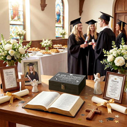 Seeloowy Graduation Memory Keepsake Box with Photo Custom 2026 Large Grad Card Box with Customized Picture Gift for Him Her for Graduate Grad High School Party(Black,Religious)
