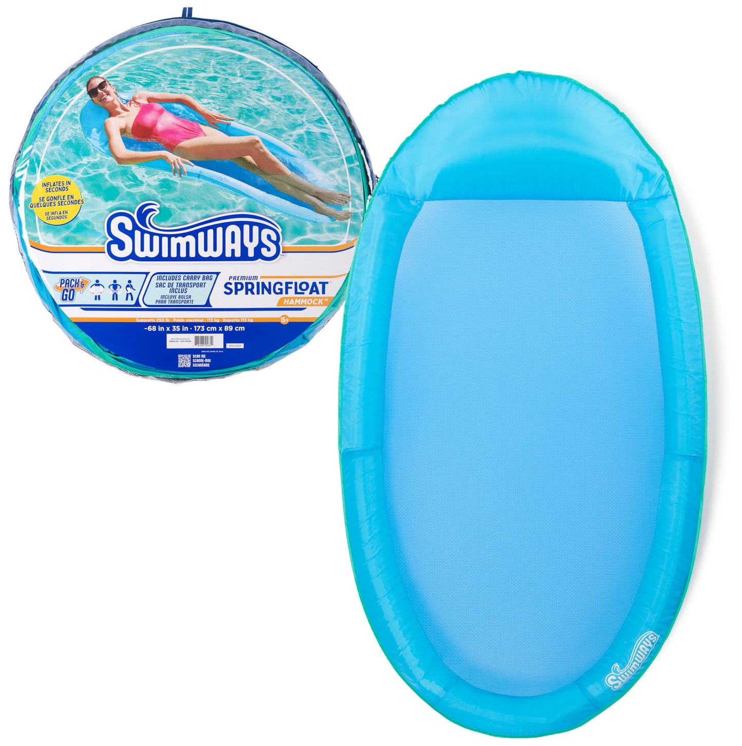 SwimWays Spring Float Premium Hammock Pool Lounger, Inflatable Pool Floats Adult with Fast Inflation for Ages 15 & Up, Sky Blue