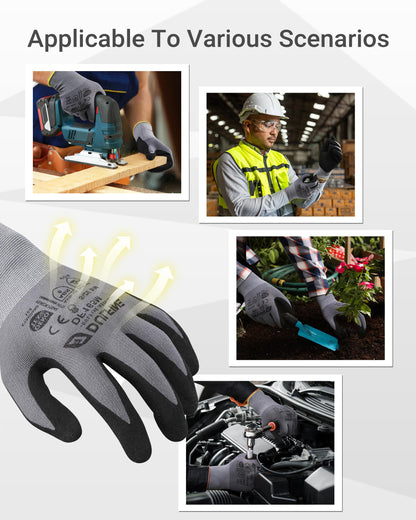 DULFINE Work Gloves for Men and Women,Grey Knit Nylon Glove with Touchscreen MicroFoam Nitrile Coated-6 Pairs Pack,Ideal for General Purpose,Automotive,Home Improvement,Painting(Small)