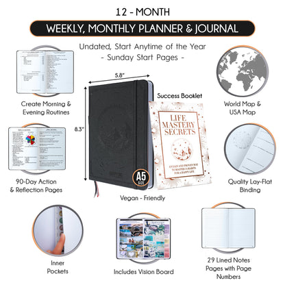 Life Mastery Planner - A 12 Month Journey to Crush Your Goals, Increase Productivity, Passion, Success & Happiness - Weekly & Monthly Life Planner, Habit-Tracker, Gratitude Journal & Organizer, A5
