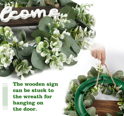 Sggvecsy 16in Artificial Eucalyptus Wreath with Welcome Sign Green Eucalyptus Leaf Wreath Greenery Wreath Round Leaves Wreath for Front Door Wall Window Festival Farmhouse Porch Patio Garden Decor