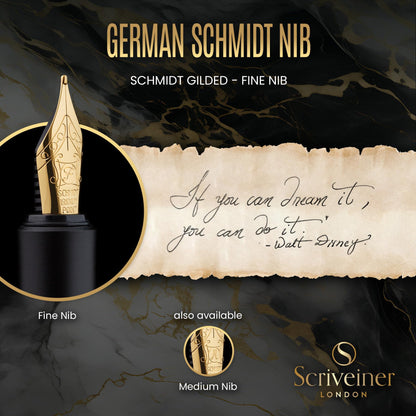 Scriveiner Luxury EDC Fountain Pen (Fine), Stunning Black Pocket Pen with Real Gold Finish, Schmidt Gilded Nib, Ink Converter, Best Writing Gift Set for Men & Women, Nice Fancy Office Designer Gift