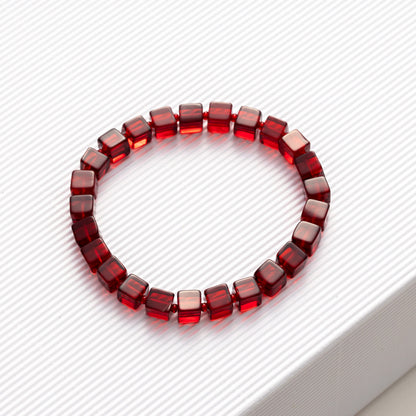 Amber by Mazukna Natural Red Baltic Amber Bracelet for Women and Men – Stretch Wristband with Polished Cube Beads, Lightweight Unisex Jewelry Gift for Daily and Casual Wear (Red)