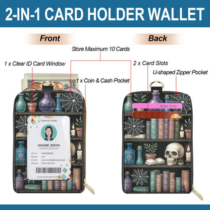 QRZIQRZ Lanyards Wallet & ID Badge Holder,Skull Bookshelf ID Case with Zipper,RFID Credit Card Holder for Women,Detachable Neck Lanyard Wrist Strap with Keychain Phone Holder for Teacher Nurse Gifts