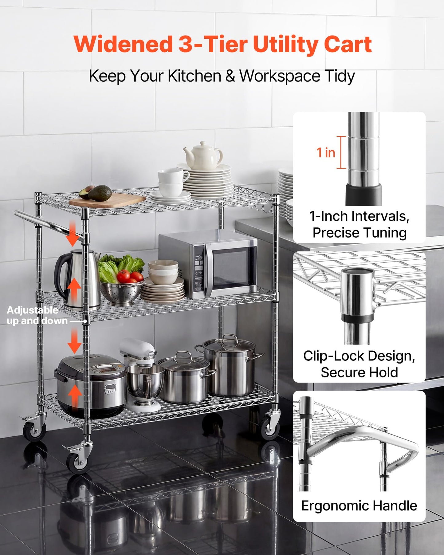 VEVOR Kitchen Utility Cart, 3 Tier Heavy Duty Adjustable Wire Storage Rack, Commercial Steel Rolling Service Trolley on Wheels, Work Table with Handle Bar, for Garage and Laundry Room, 35x17.8x40.9 in