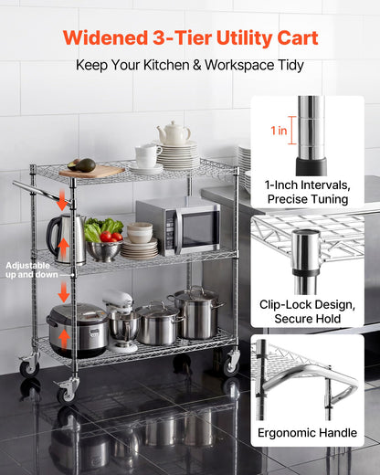VEVOR Kitchen Utility Cart, 3 Tier Heavy Duty Adjustable Wire Storage Rack, Commercial Steel Rolling Service Trolley on Wheels, Work Table with Handle Bar, for Garage and Laundry Room, 35x17.8x40.9 in