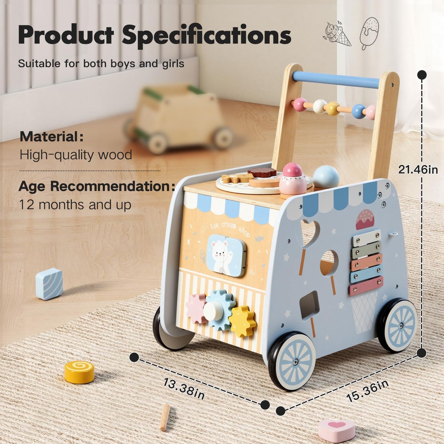 Frogprin Wooden Baby Walker, Multifunctional Ice Cream Cart, Push Walker with Wheels, Montessori Walker Toy with Activity Center, Pretend Playset Ideal for Toddlers, Boys and Girls Ages 12M+