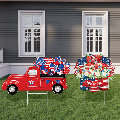 2 Psc 4th of July Yard Sign Patriotic Decorations Outdoor 250th Anniversary Memorial Day Welcome Sign with Stakes Weatherproof Independence Day Truck Flower Home Yard Decor for Garden Lawn