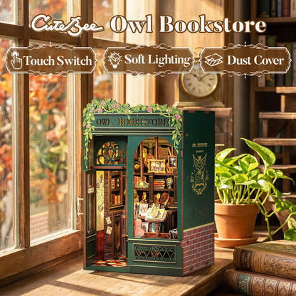 CUTEBEE Book Nook Kit - DIY Miniature House Kit for Adults, Teens and Beginners, Dollhouse Booknook Library Tiny House Bookshelf Decor 3D Wooden Puzzle, Gifts for Family, Friends (Owl Bookstore)