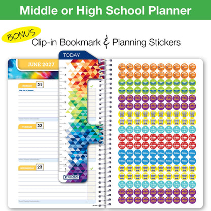 Global Datebooks 2026-2027 Middle & High School Student Planner 5.5" x 8.5" - Dated Weekly & Monthly Academic Planner with Ruler/Bookmark & Stickers, Ideal for Homework, Block Style, Blue Colors