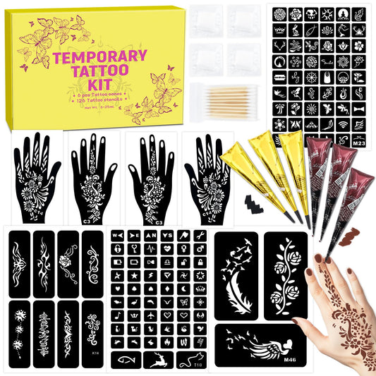 MuseLuxe 126 PCS Temporary Tattoos Stencils Kit,Temporary Tattoos Kit - 6 Pcs 2 Color(Brown Black) Ink with Gloves,DIY Body Art Painting for Women Men Adults Kids