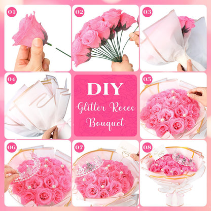 TLY Glitter Roses Bouquet,24 Pcs Pink Flower Bouquet,Birthday Gifts for Women,DIY Artificial Flowers for Mom Grandma Wife Girlfriend Mother's Day Graduation Anniversary Engagement Wedding