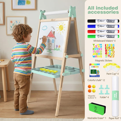 JOYOOSS Easel for Kids Ages 4-8 Easels for Toddlers Art Kids Easel Age 8-12 Wooden Drawing Easels Double-Sided Magnetic Whiteboard Chalkboard with Paper Roll for Kid Dry Erase Board Green