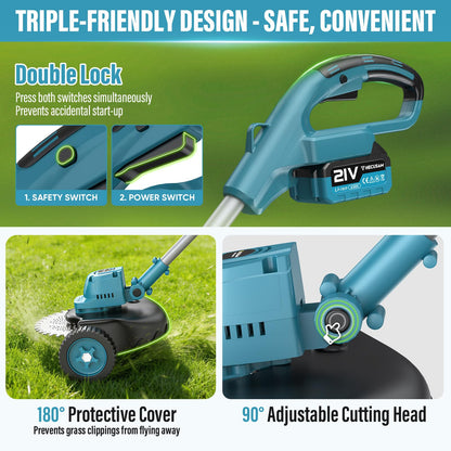Electric String Trimmer Cordless with Wheel, 1000W Battery Powered Weed Wacker, 2x4.0Ah Batteries, Adjustable Length, 4‑in‑1 Lightweight Grass Trimmer/Brush Cutter/Weed Trimmer/Edger Tool