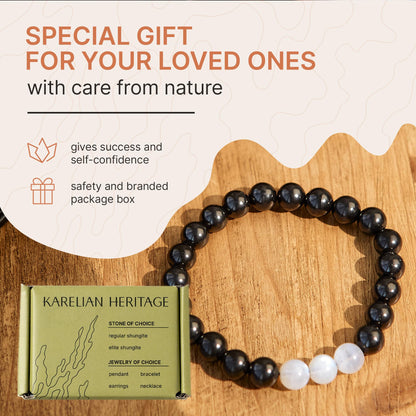 Karelian Heritage Black Shungite Beaded Bracelet, 8mm Handmade Stretchy Unisex, Crystal Healing Authentic Stone, Spiritual Chakra Balance Jewelry (Shungite & Moonstone)