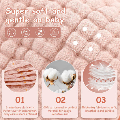 Looxii Muslin Burp Cloths Baby Girl 6 Pack - 20" x 10" - Ultra Soft & Absorbent, 6-Layer 100% Cotton for Spit Up & Drool- Gentle Baby Burping Cloth, Newborn Essentials Shower Gift Girl, Gradient Pink