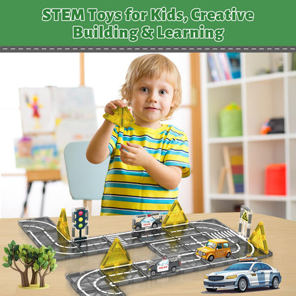 AFUNX Magnetic Tiles Road Expansion Set, STEM Magnetic Building Blocks for Kids Ages 3-5 4-8 5-7, STEM Learning Toys, Safe & Durable Creative Construction Play, Gift for Boys & Girl