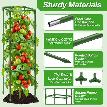 Sunwinx 4 Pack Square Tomato Cages for Garden, 45 Inch Adjustable Tomato Stakes, Metal Tomato Trellis, Garden Plant Support for Potted Climbing Plants, Vegetables Flowers Fruits, Raised Garden Bed