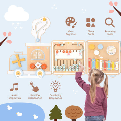 Pillowhale Train Activity Wall Busy Board, Wooden Montessori Sensory Toys, 12-in-1 Learning Activity Center for Playroom,Daycare, Nursery, Classroom, Educational Toys for Toddler