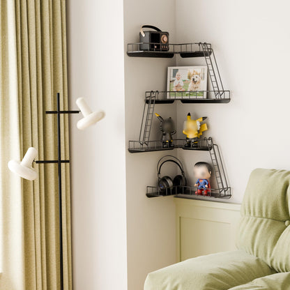 WOPITMER Fire Escape Wall Shelf - Modern City Style 4-Tier Corner Wall Shelves, Easy to Install Metal Ladder Shelf for Figures, New York Decorative Shelves for Bathroom, Living Room & Home Decor,Black