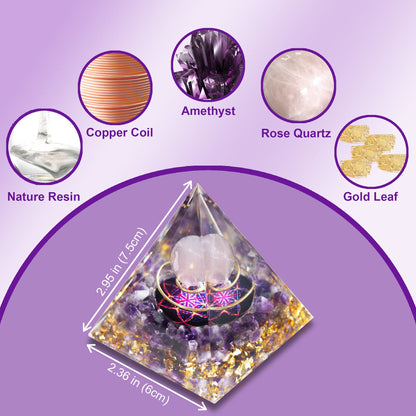 XQIGI Orgone Pyramid Crystal with Light Base, Orgonite Healing Meditation Reiki Stones Protection Amethyst with Copper for Anxiety Balance Anti-Stress Calmness Love (Moon)