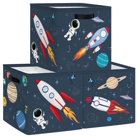 Clastyle 3 pcs Cosmic Space Cube Storage Unit Boxes Stars Kallax Box for Shelves Parents Storage Baskets for Book Clothes Toy Organizer, Rocket, 11.8x11.8x11.8 in