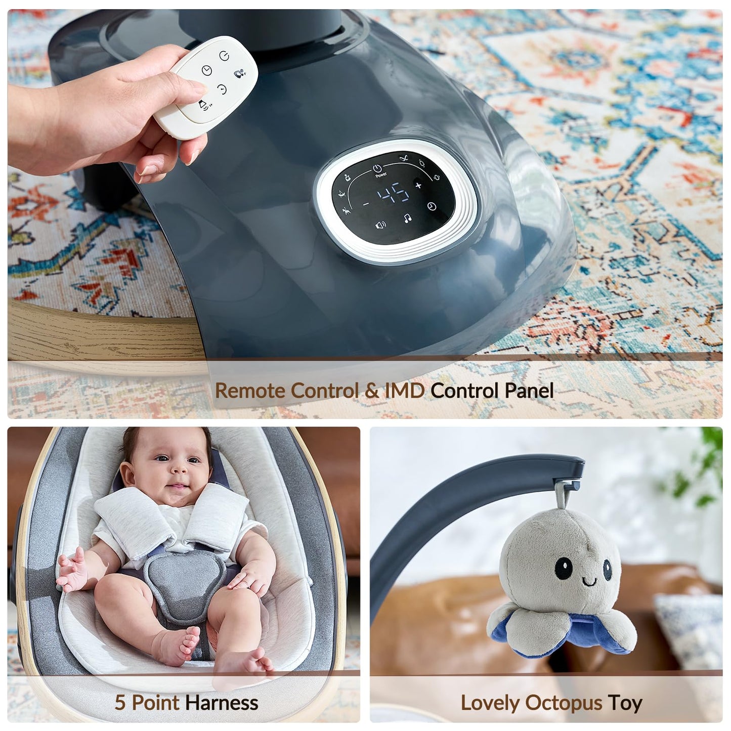VaVaSoo Electric Baby Swing Newborn for Infants Mamroo with 5 Speeds, Multi Motion 3D Baby Rocker for Girl Boy Swingset Indoor with 13 Melodies Music, Remote Control, Dark Gray
