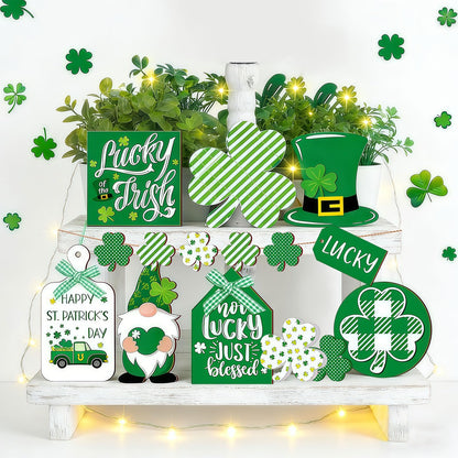 15PCS St. Patrick's Day Tray Decor Wooden Signs Table Centerpieces with Plush Gnome, Shamrock Pattern, Blessing Ornaments & 1 Mini String Light for St. Patrick's Day Party Tabletop Tray Decoration