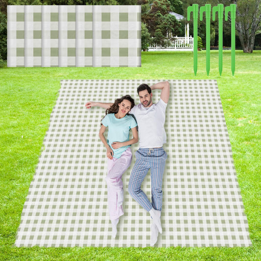 HunnmingRe 6 Pcs Disposable Outdoor Picnic Blankets 71''x71'' Thicken Foldable Waterproof Picnic Mats Gingham Oil Proof Camping Blankets with 4 Ground Spikes Beach Travel Hiking(Green and White)