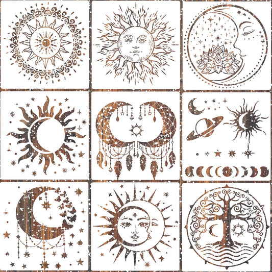 9 Pieces Large Mandala Sun and Moon Stencil Butterfly Flower Tree Paint Stencils for Crafts Reusable Templates Star Celestial Stencils for Painting Wood Wall Furniture Home Decor (Sun Moon)